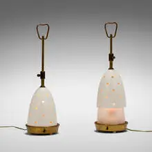 Angelo Lelii, Table lamps model 12291, pair, c. 1950, brass, enameled aluminum, frosted glass