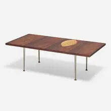 Tapio Wirkkala, Table with leaf ornament, model 9014, 1957, padouk, hazelwood, birch, maple, nickel-plated steel, brass