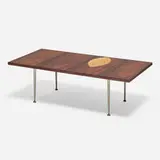 Table with leaf ornament, model 9014 by Tapio Wirkkala, 1957, padouk, hazelwood, birch, maple, nickel-plated steel, brass, sold Mar 2026