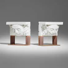 Architectural, Roman-style lion corbels on stands, pair, cast stone, steel bases