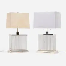 Contemporary, Table lamps, set of two, chrome-plated steel, glass, fabric shade