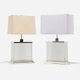 Contemporary, Table lamps, set of two, chrome-plated steel, glass, fabric shade