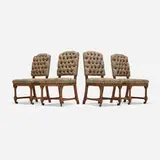 Holland & Sons, Farthingale chairs, set of four, upholstery, oak, bronze casters