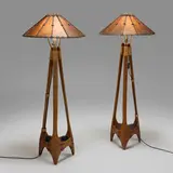 Floor lamps, pair by Pacific Green Furniture, c. 1995, leather, palmwood, sisal twine, sold Mar 2026