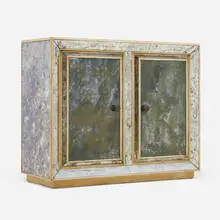 Hollywood Regency, Cabinet, c. 1950, antiqued mirrored glass, lacquered wood