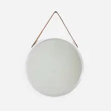 Modern, Wall-hanging mirror, c. 1975, plastic, mirrored glass, leather
