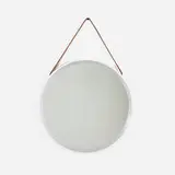 Modern, Wall-hanging mirror, c. 1975, plastic, mirrored glass, leather