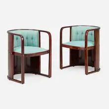Josef Hoffmann, Armchairs model no. 421/F, pair, 1906, mahogany, upholstery, brass