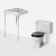 Henry Dreyfuss, Diana sink, model 1-100-4 and toilet, c. 1948, glazed porcelain, aluminum, chrome-plated brass, enameled wood