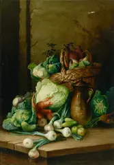 Pál, A bounty of garden vegetables in a basket and on a table with a jug, oil on canvas