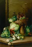 Pál, A bounty of garden vegetables in a basket and on a table with a jug, oil on canvas