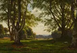 Carsten Hendricksen, Deer in a wooded landscape with sailing ships beyond, oil on canvas