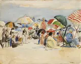 Theresa Bernstein, Beach Scene; Untitled (Sunbathers); Peaches (a group of 3), circa 1927, oil on paperboard; oil and graphite on canvas; oil on artist board