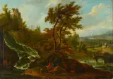 Italian School 18th century, An extensive landscape with a rushing hillside stream and figures in the foreground; also a companion painting (a pair), both oil on canvas