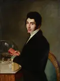 A portrait of a lady in a blue dress holding a map of Italy; A portrait of a scholarly gentleman (a pair) by English School 19th century, both oil on canvas, offered Nov 2018