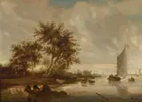 Salomon van Ruysdael, A river scene with cows watering and figures in a boat in the foreground, oil on cradled panel