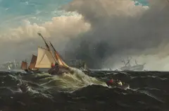 Edward Moran, Shipping off the coast, oil on canvas laid down on board
