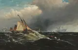 Edward Moran, Shipping off the coast, oil on canvas laid down on board