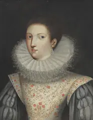 A portrait of a lady wearing a lace collar and embroidered dress by Cornelis Jonson, oil on canvas, sold Jun 2018
