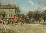 Gilbert Scott Wright, The hunt meeting outside the Green Dragon Inn with a coach and four horses passing by, oil on canvas