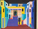 Sascha Wiederhold, Bühnenbildentwurf (Stadtinneres mit Treppen), 1928, Gouache über Bleistift auf leichtem Karton