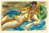 Nude in blue by George Grosz, Um 1939, Aquarell, farbige Rohrfeder und Feder auf Papier, sold May 2019