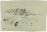 Max Liebermann, Strandhäuser, im Vordergrund Ziegen, Um 1896, Kreide, weiß gehöht, auf graublauem Tonpapier