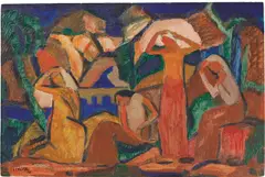 Josef Eberz, Vier Frauen in einer Flusslandschaft, 1914, Öl auf Karton