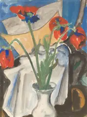 Max Kaus, Stillleben mit roten Tulpen, 1922, Aquarell über Bleistift auf Bütten
