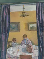 Eugen Spiro, Beim Frühstück (Die Familie des Künstlers), 1920, Öl auf Pappe