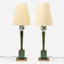 attribution Arturo Pani, Table lamps, pair, c. 1955, bronze, stone, silk shade