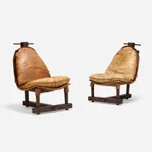 Jean Gillon, Brutalist-style chairs, pair, c. 1965, leather, walnut