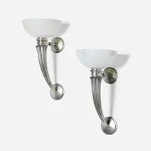 Art Deco-Style, Sconces, pair, alabaster, silvered bronze
