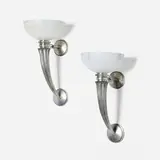 Art Deco-Style, Sconces, pair, alabaster, silvered bronze