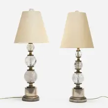 20th Century, Rock Crystal lamps, set of two, glass, nickel-plated brass, linen