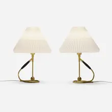 Kip table/wall lamps model 306, pair by Kaare Klint, brass, rubber, PVC shades, sold Mar 2026