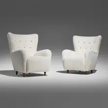Paolo Buffa, Lounge chairs from the Hotel Bristol, Merano, pair, c. 1950, upholstery, Italian walnut