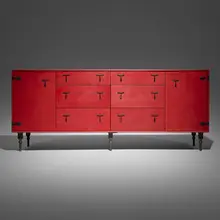 Tyler Hays, Captain's bureau, bridle leather over hardwood, walnut, blackened bronze