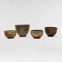 Collection of four tea bowls by Toshiko Takaezu, c. 1970-1975, glazed stoneware, glazed porcelain, sold Aug 2026