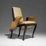 Stephen Smith Daniell, Icarus chair, 1993, aniline-dyed oak and curly maple, leather upholstery