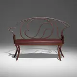 Carroll Bassett, Bench, 1986, patinated and lacquered steel, leather upholstery