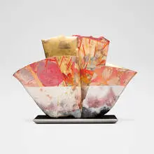 Bennett Bean, Pair on Base #567, c. 2000, pit-fired, painted, and gilt earthenware