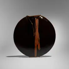 Brother Thomas Bezanson, Pillow vase, tenmoku and kaki-glazed porcelain