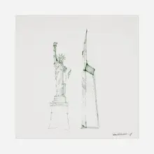 Daniel Libeskind, World Trade Center: Freedom Tower and the Statue of Liberty sketch, 2003-2014, ink on tissue paper