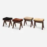 Low stools from the M.L.A. Flats building, Chandigarh, set of four by Pierre Jeanneret, c. 1955-56, teak, cane, upholstery, sold Jun 2026