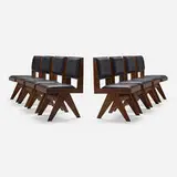 Dining chairs from Punjab University, Chandigarh, set of eight by Pierre Jeanneret, c. 1958-59, teak, leather upholstery, sold Jun 2026