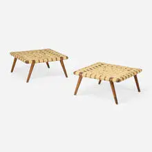 Stools model 1725, pair by T. H. Robsjohn-Gibbings, c. 1955, mahogany, rubber coated-canvas webbing, brass, sold Jun 2026