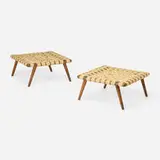 Stools model 1725, pair by T. H. Robsjohn-Gibbings, c. 1955, mahogany, rubber coated-canvas webbing, brass, sold Jun 2026