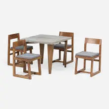 Dining set from Chandigarh by Pierre Jeanneret, c. 1955-1960, teak, zinc, cane, upholstery, sold Jun 2026