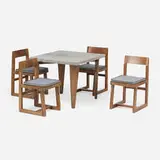 Dining set from Chandigarh by Pierre Jeanneret, c. 1955-1960, teak, zinc, cane, upholstery, sold Jun 2026